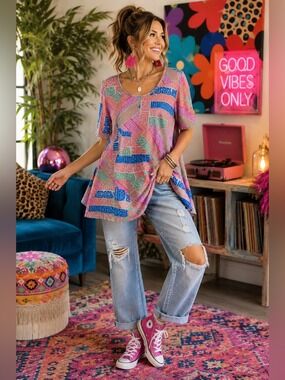 Retro Floral Swing Tunic Top Size Small Black Mustard Teal Boho Artsy New With T